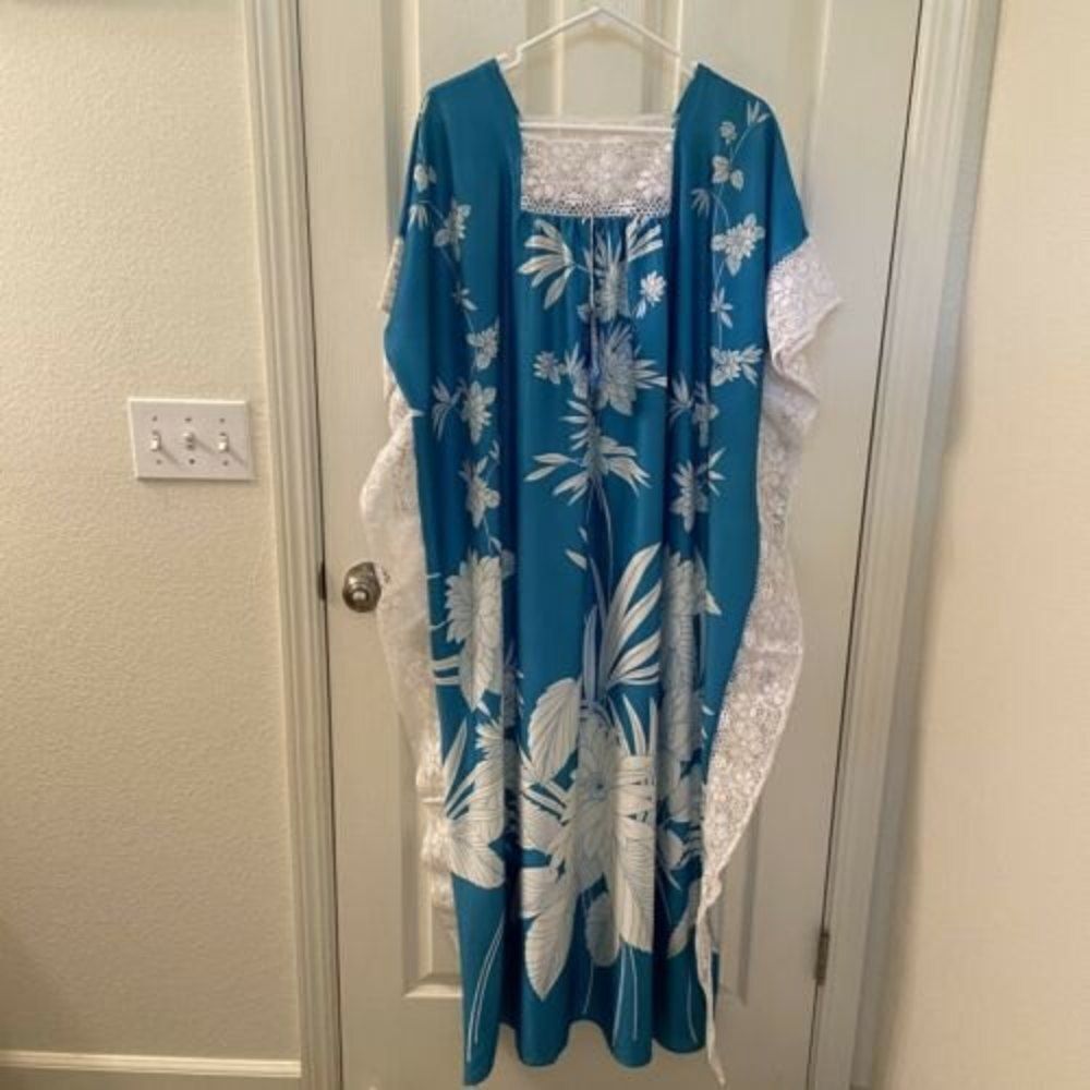Vintage Granada Floral Kimono Housedress Gown Mumu Teal Lace 1 Size Fits All